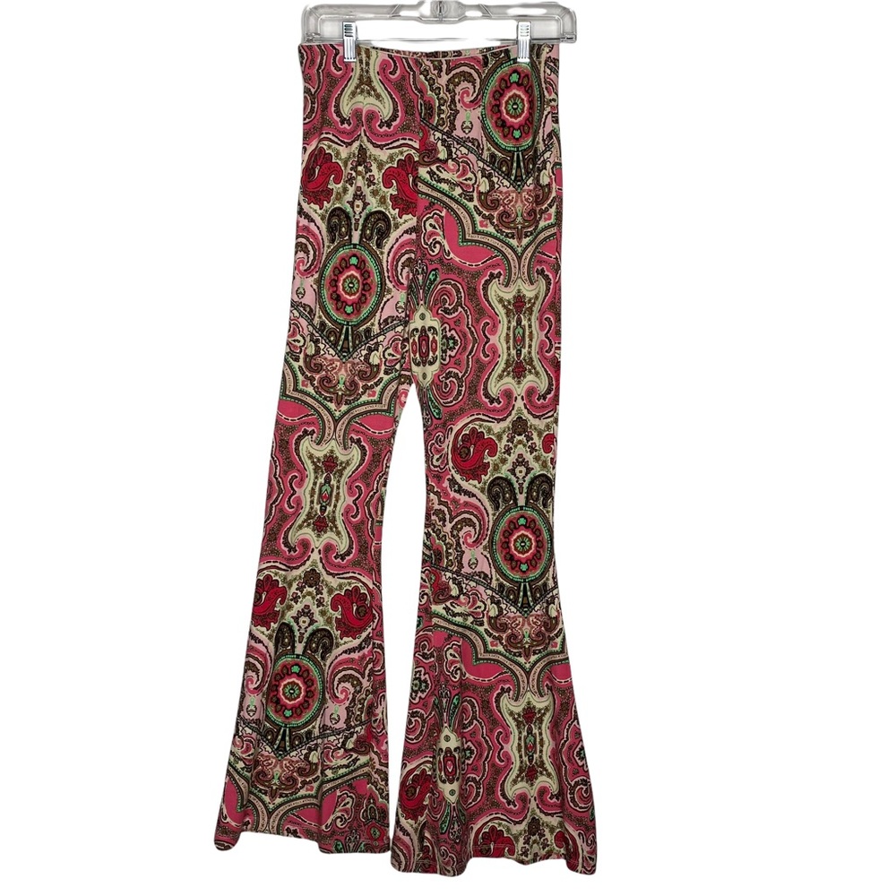 Free People Hot Pink Print High Waist Flare Retro Harper Paisley Pants Sz Medium